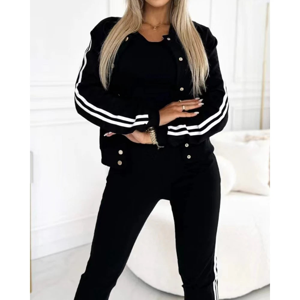 Women Autumn Three Pieces Elegant Pants Sets Striped Tape Patch Tank Top & Cuffed Pants Set With Buttoned Jacket