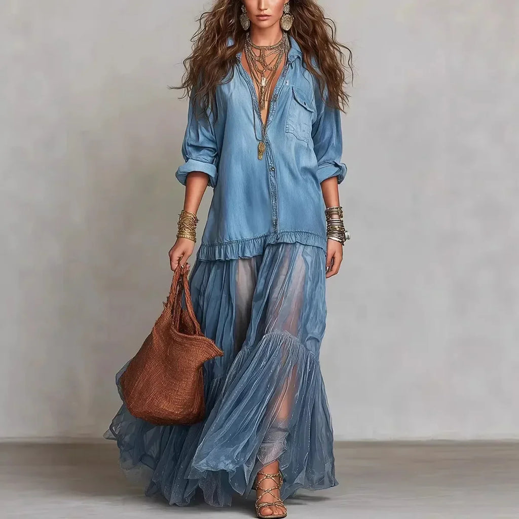 Vestido Adelma - O jeans + chiffon mais amado pelas style queens (tendência francesa)