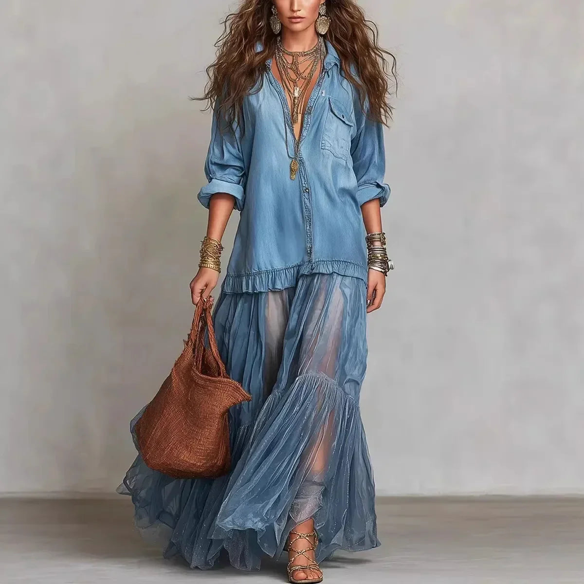 Vestido Adelma - O jeans + chiffon mais amado pelas style queens (tendência francesa)