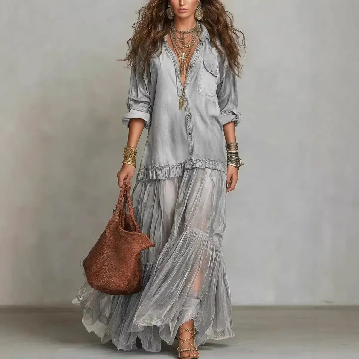 Vestido Adelma - O jeans + chiffon mais amado pelas style queens (tendência francesa)