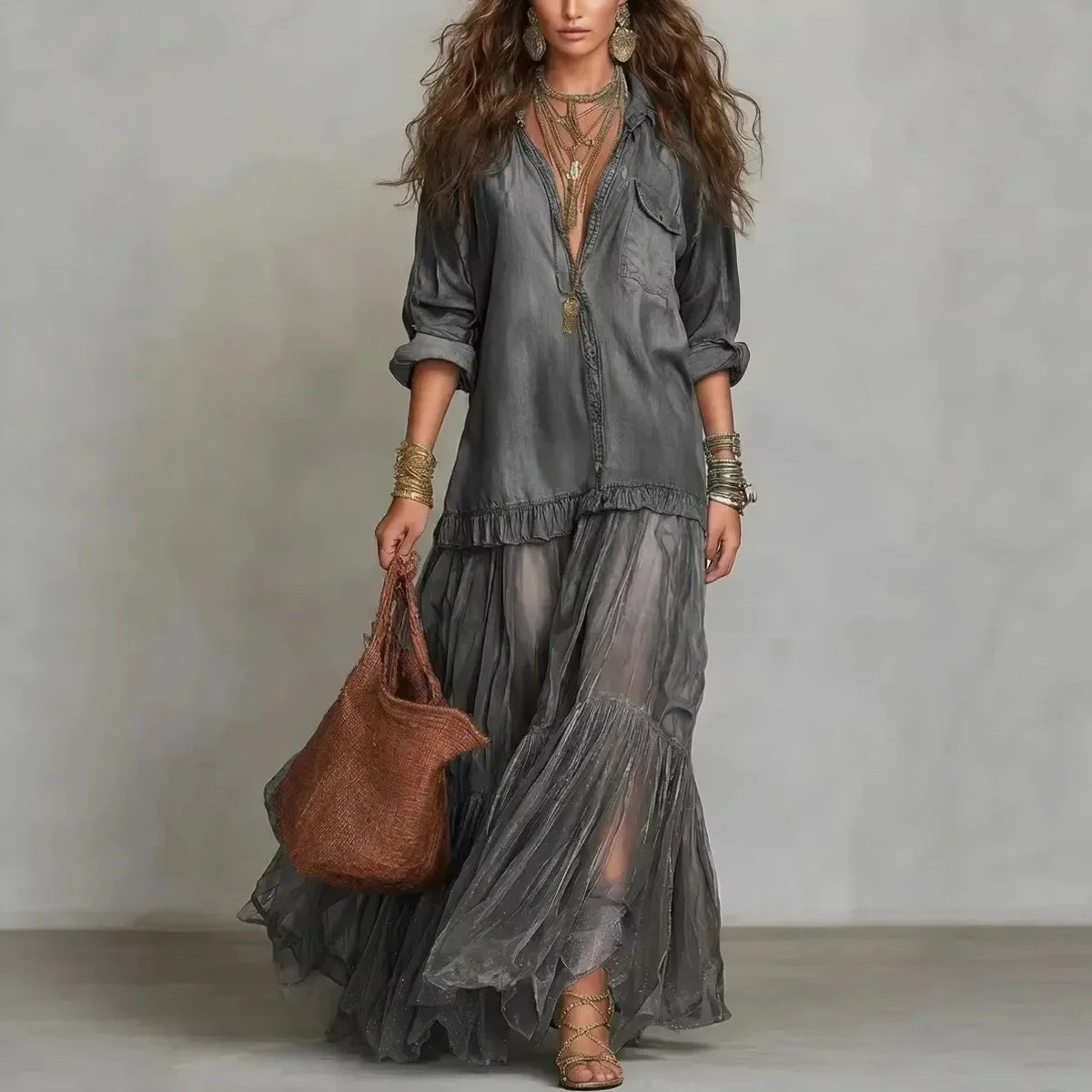 Vestido Adelma - O jeans + chiffon mais amado pelas style queens (tendência francesa)