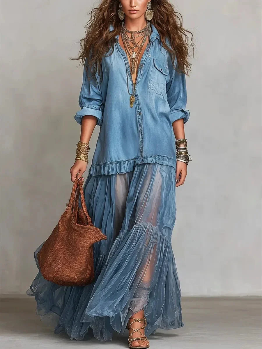 Vestido Adelma - O jeans + chiffon mais amado pelas style queens (tendência francesa)
